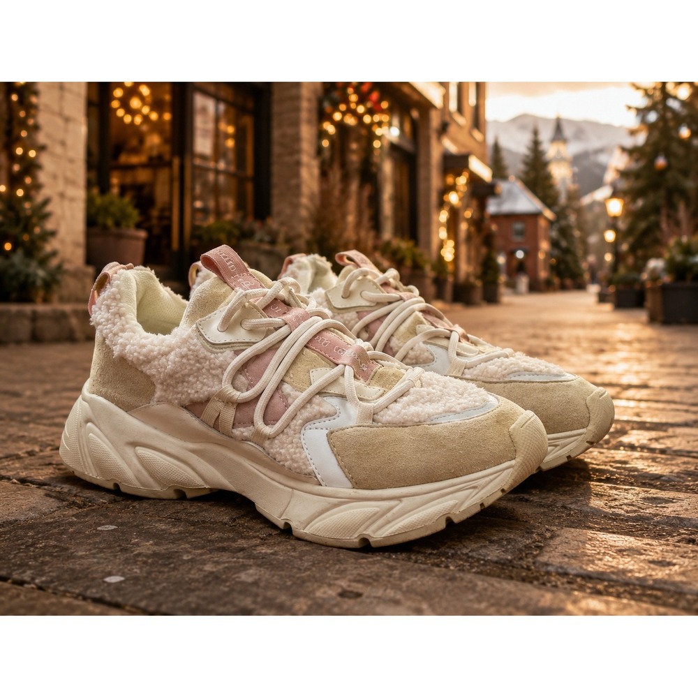 Kate Gray Chunky Suede Faux Fur Blush Pink Cream Beige Sneakers Women's Sz 8.5-9